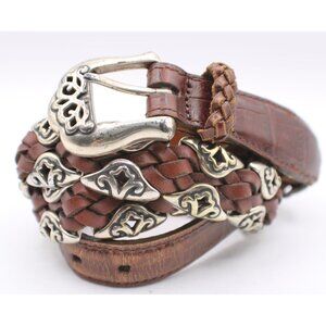 Brighton Brown Braided Leather Belt Size L Ornate Silver Accents Buckle Vtg 1996